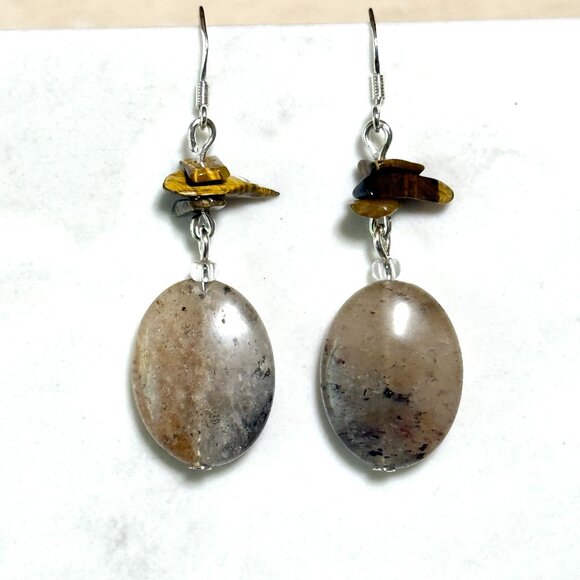 2/$20, Earthy Rutilated Quartz Drop Earrings, Sterling Silver Hooks + Gemstone - Picture 1 of 9